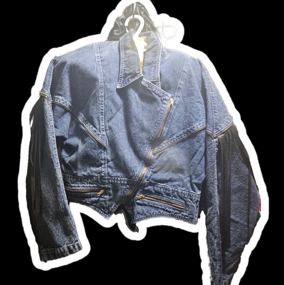 JAZZINO ladies wasshed Cotten Denim Moto Style Crop Jacket , Vintage NWT siize L